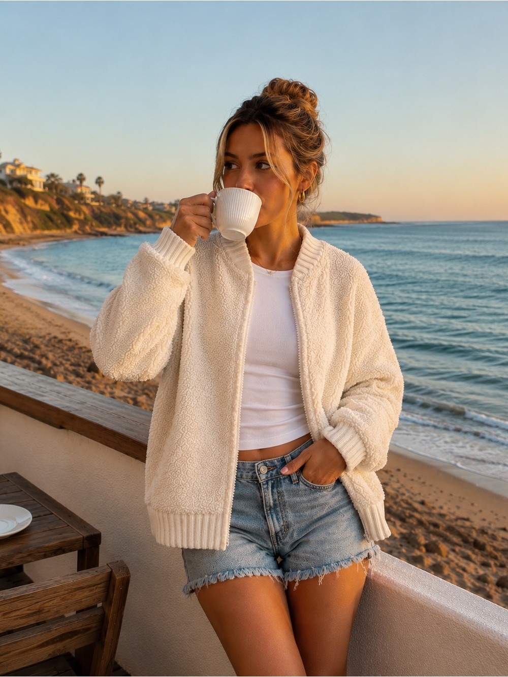 aerie Ivory Sherpa Zip Front Jacket